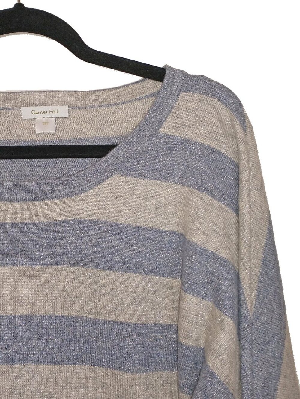 Garnet Hill Blue & Gray Sparkly Striped Three Quarter Sleeve Sweater - Size L